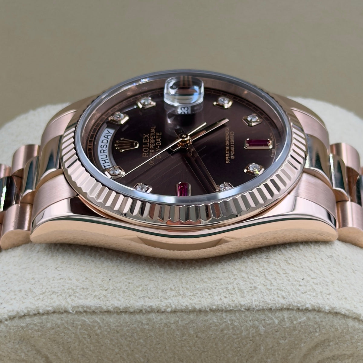 Rolex Day-Date Chocolate Ruby Dial 128235 - Full Set (2017)