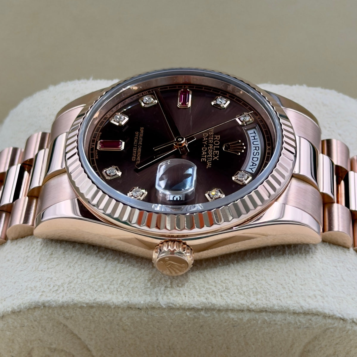 Rolex Day-Date Chocolate Ruby Dial 128235 - Full Set (2017)