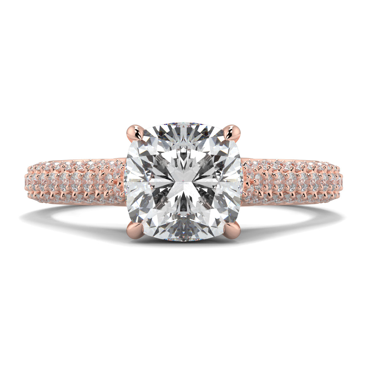 Rose gold ring with a large diamond and smaller diamonds on the band against a white background Yb jewellers engagement ring straight band