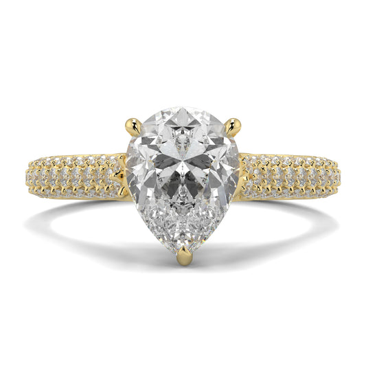 Gold ring with a pear-shaped diamond on a white background Yb jewellers engagement ring straight band