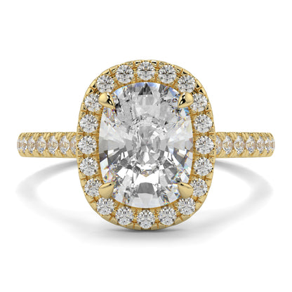 Gold ring with a large diamond and smaller diamonds around on a white background YB Jewellers engagement ring best value
