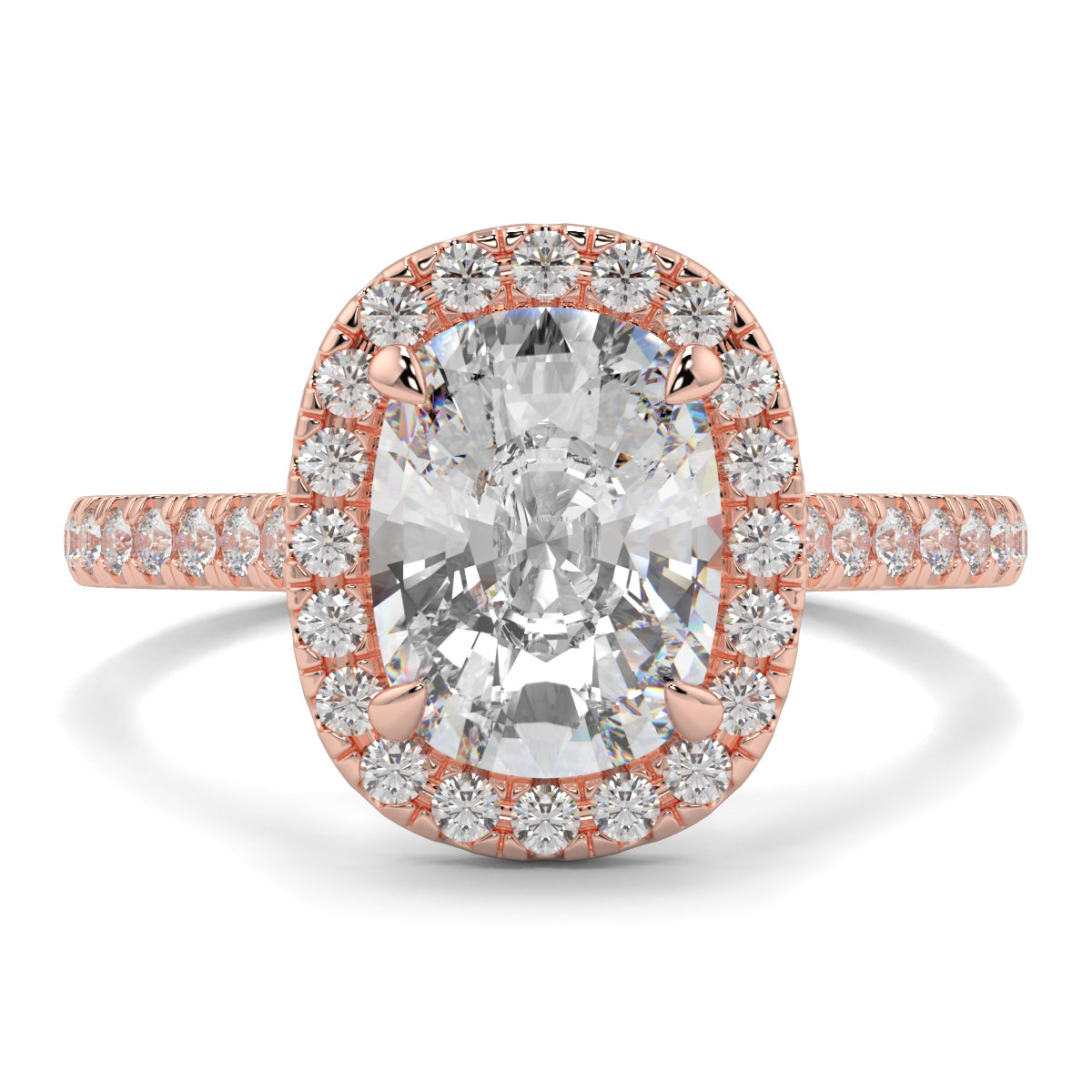 Rose gold ring with a large diamond and smaller diamonds on a white YB Jewellers engagement ring best value background