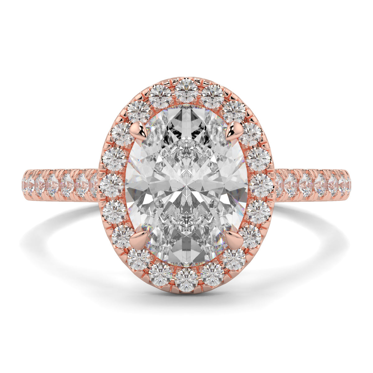 Rose gold ring with a large diamond and smaller diamonds around on a white background yb jewellers oval engagement ring best value