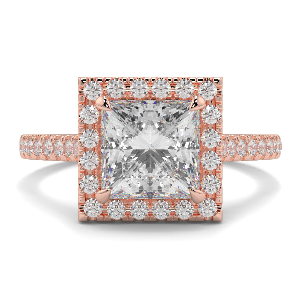 Rose gold ring with a large diamond and smaller diamonds on the band against a white background yb jewellers engagement ring princess cut diamond ring tiger claws