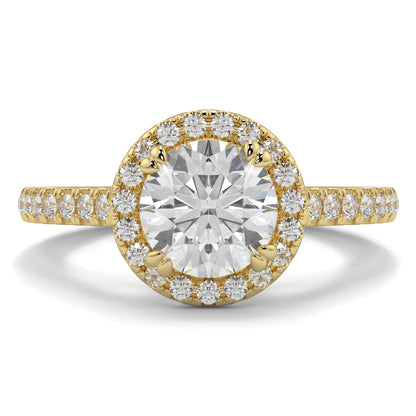 Gold ring with a large diamond and smaller diamonds around on a white background round diamond halo engagement ring yb jewellers tiger claws vintage style