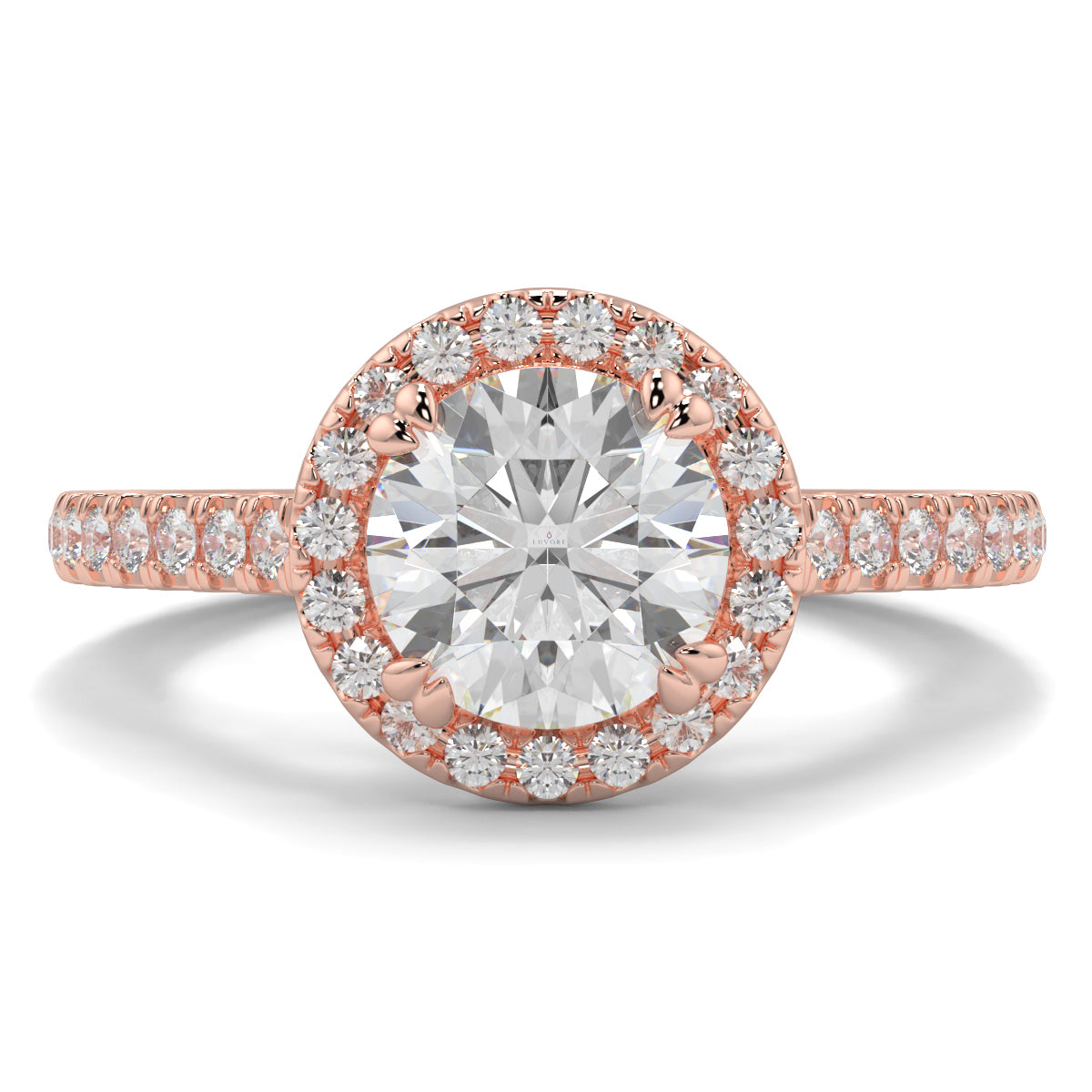 Rose gold ring with a large diamond and smaller diamonds around on a white background round diamond halo engagement ring yb jewellers tiger claws vintage style