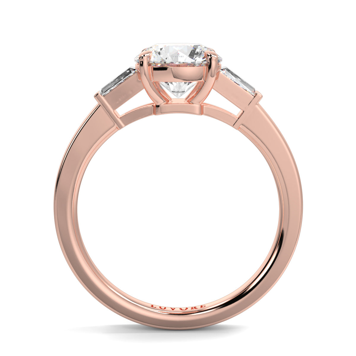 Rose gold ring with a diamond on a white background yb_jewellers_3_stone_trilogy_engagement_ring_round_and_pear_shape_best_selling_design_trending_diamond_ring