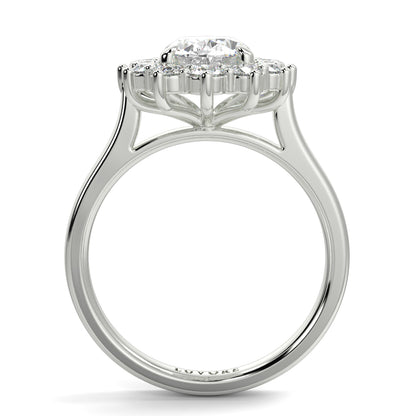 Diamond ring with a halo setting on a white background Yb jewellers engagement ring with a cluster halo and oval diamond trending design 