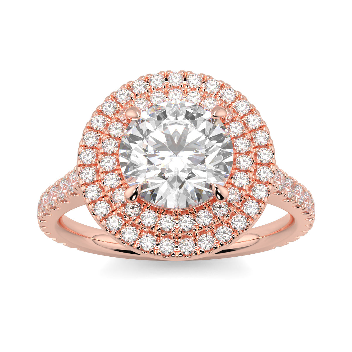 Rose gold ring with a large diamond and smaller diamonds on a white background yb jewellers round double halo engagement ring best seller trending