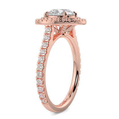 Rose gold ring with diamond accents on a white background yb jewellers round double halo engagement ring best seller trending 
