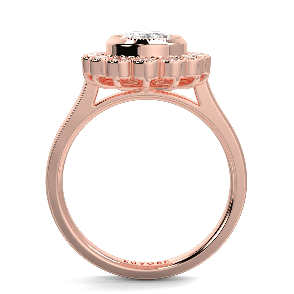 Rose gold ring with diamond on a white background