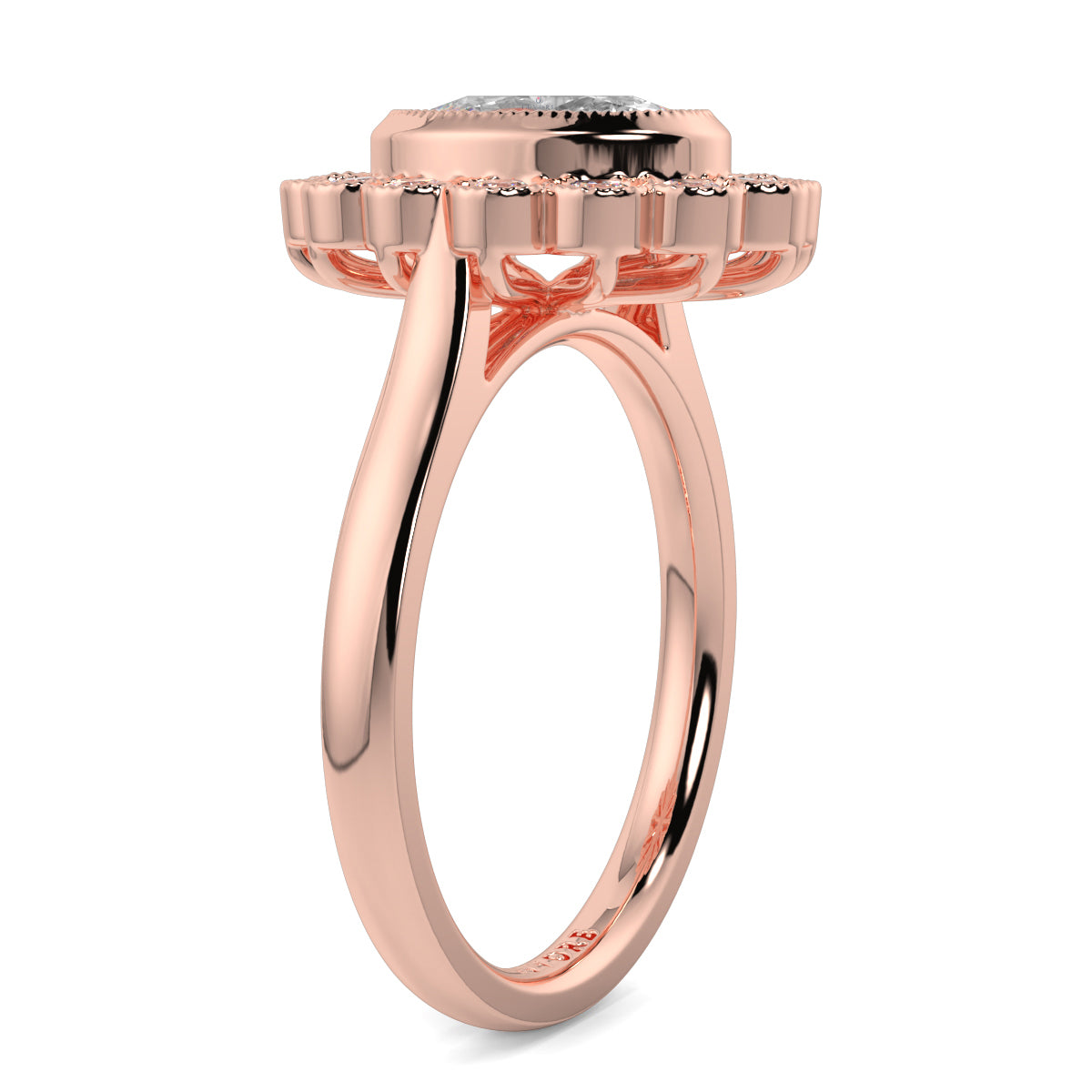 Rose gold ring with a diamond on a white background yb jewellers cluster halo ring engagement ring grain set halo oval shape plain band