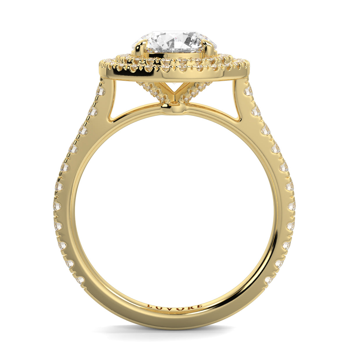 Gold ring with a diamond on a white background yb jewellers round double halo engagement ring best seller trending