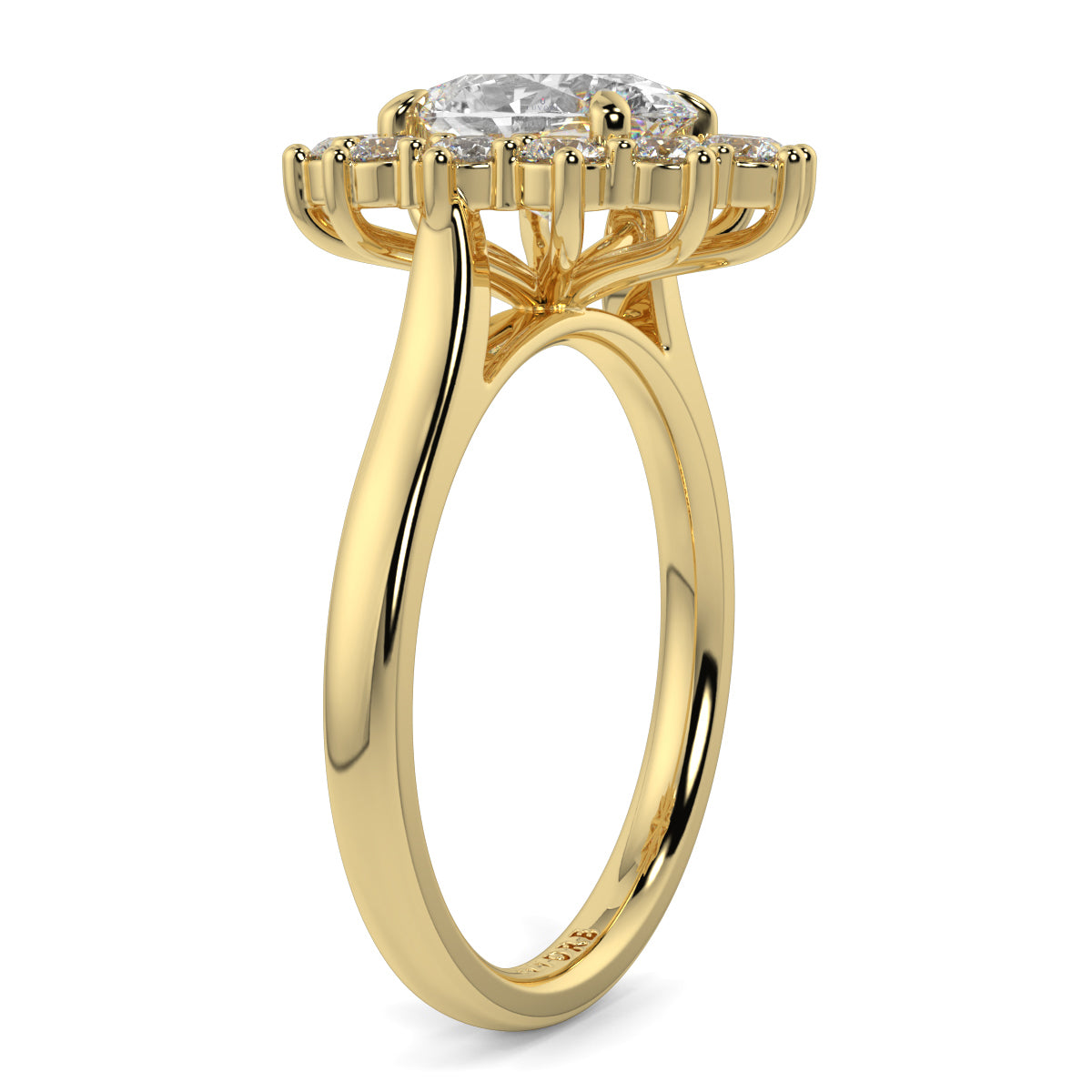 Gold ring with a diamond on a white background Yb jewellers engagement ring with a cluster halo and oval diamond trending design 