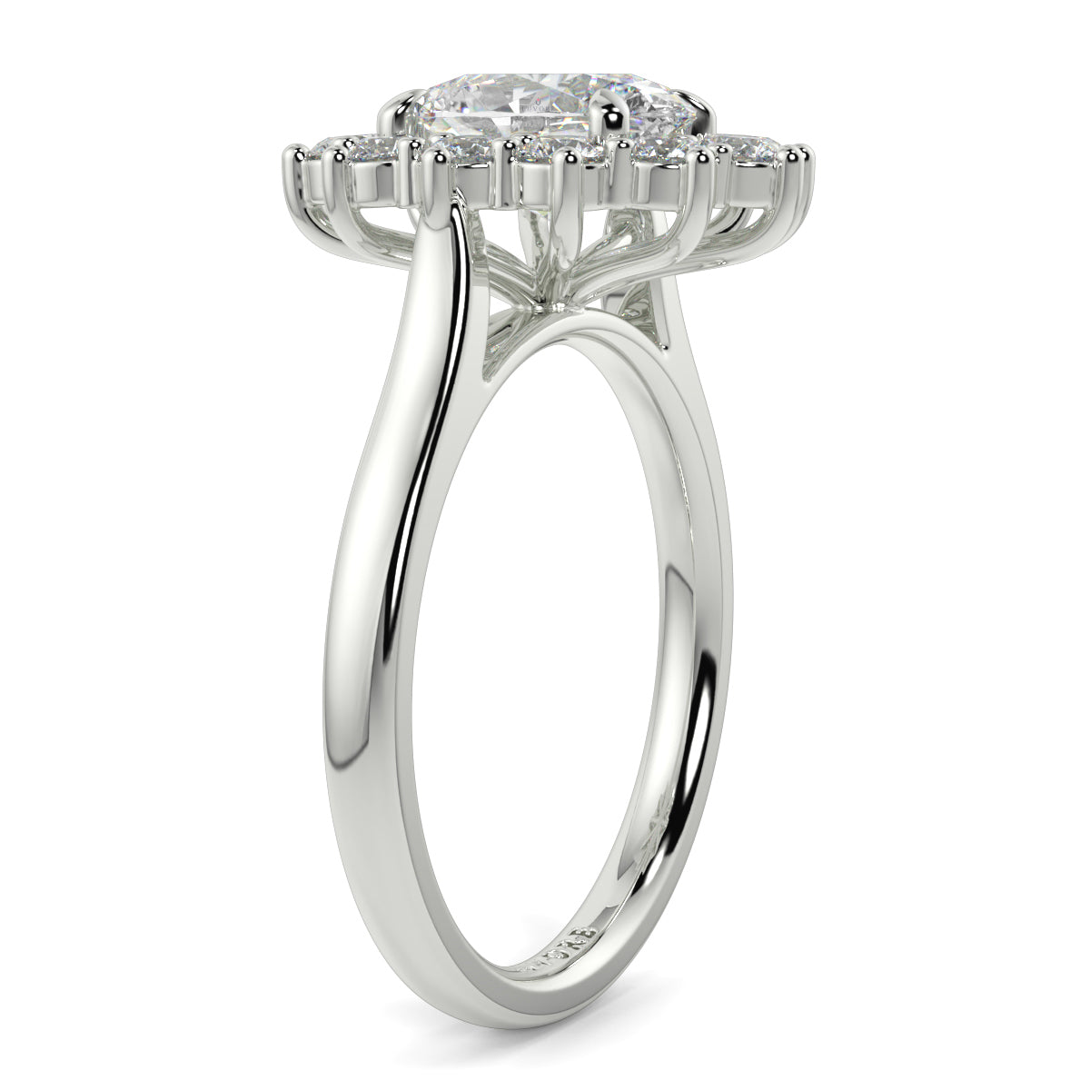 Diamond ring with a central gemstone and smaller stones on a white Yb jewellers engagement ring with a cluster halo and oval diamond trending design background