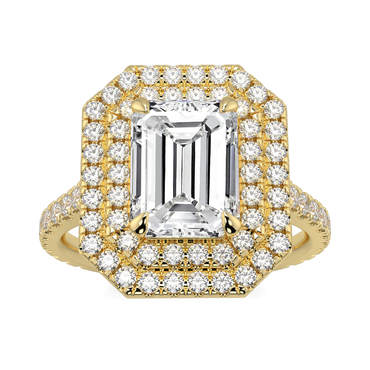 Gold ring with emerald-cut center stone and diamond halo on a white  yb jewellers best selling ring designs emerald diamond double halobackground