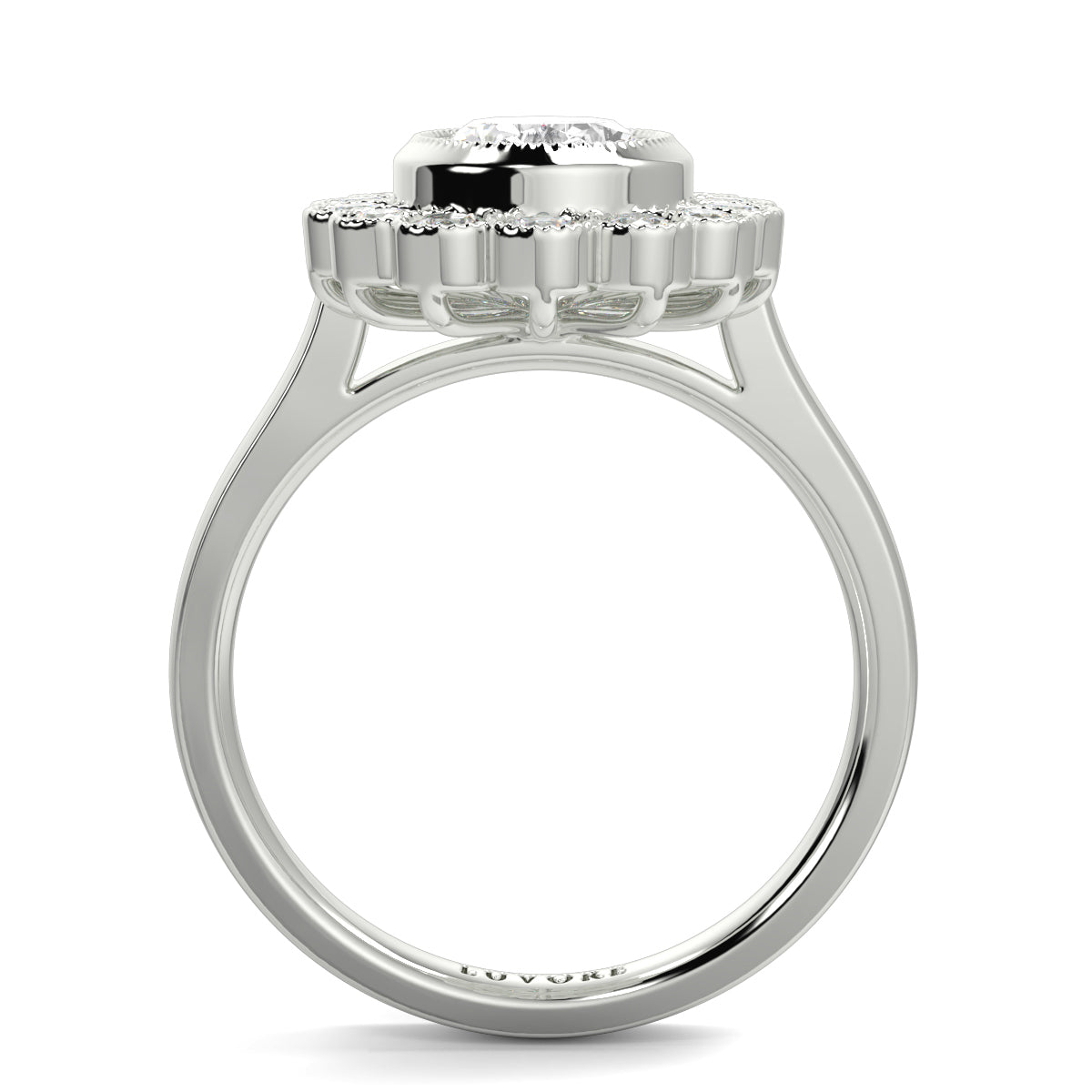 Silver ring with a detailed design on a white background yb jewellers cluster halo ring engagement ring grain set halo oval shape plain band