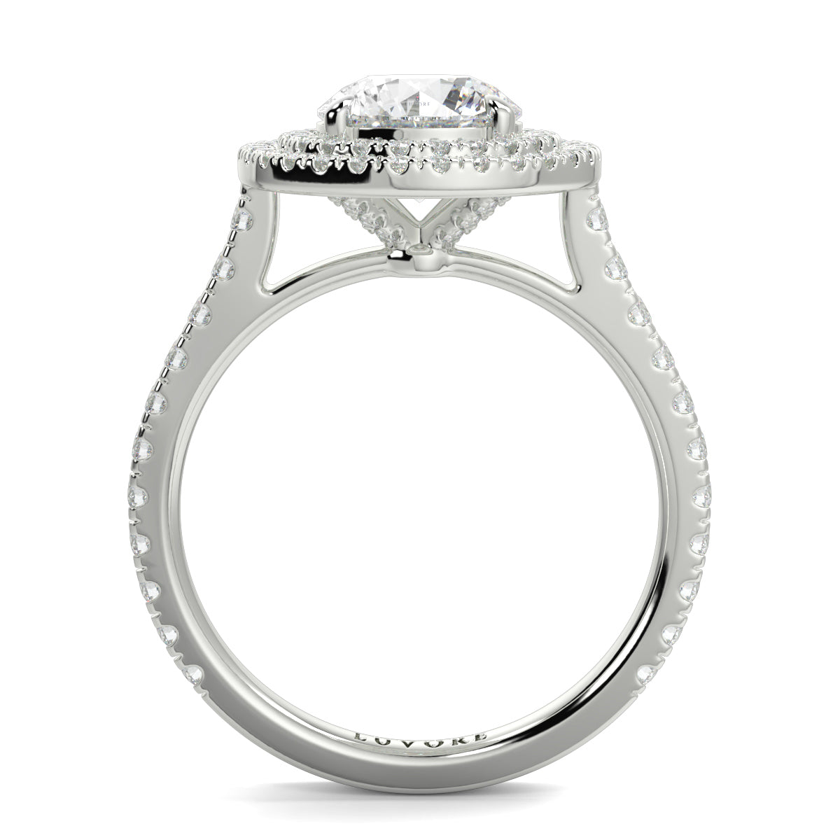 Silver ring with a diamond on a white background yb jewellers round double halo engagement ring best seller trending