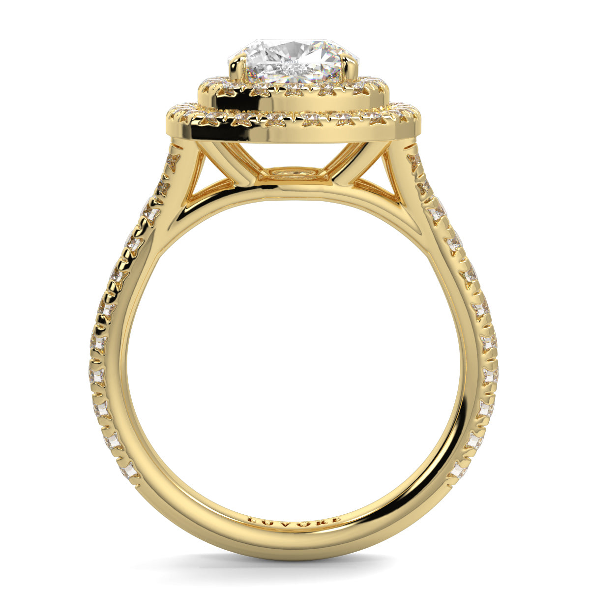 Gold ring with a diamond on a white background Yb jewellers trending design double halo ring