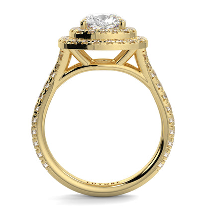 Gold ring with a diamond on a white background Yb jewellers trending design double halo ring