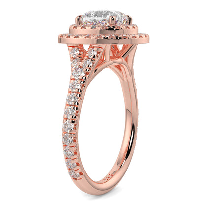 Rose gold ring with diamond accents on a white background Yb jewellers trending design double halo ring