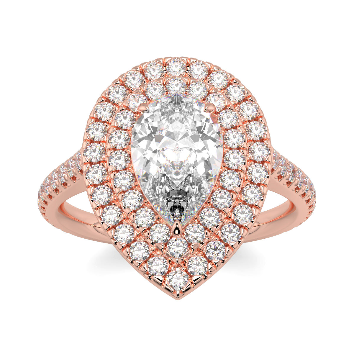 Rose gold ring with a pear-shaped diamond and smaller diamonds on a white background yb jewellers pear double halo ring best seller trending design