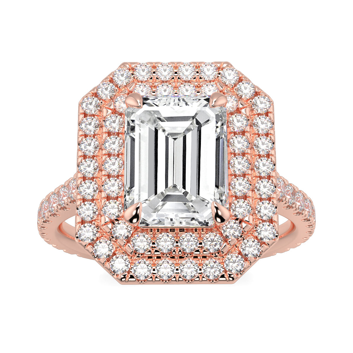 Rose gold ring with emerald-cut diamond and smaller diamonds on a white background yb jewellers best selling ring designs emerald diamond double halo