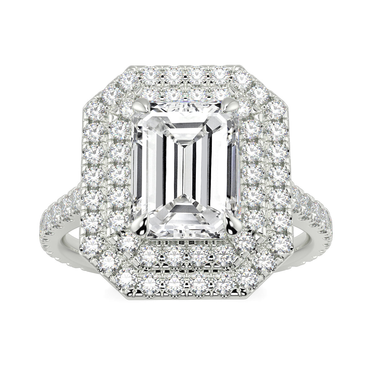 Diamond ring with emerald-cut center stone and halo on a white background yb jewellers best selling ring designs emerald diamond double halo