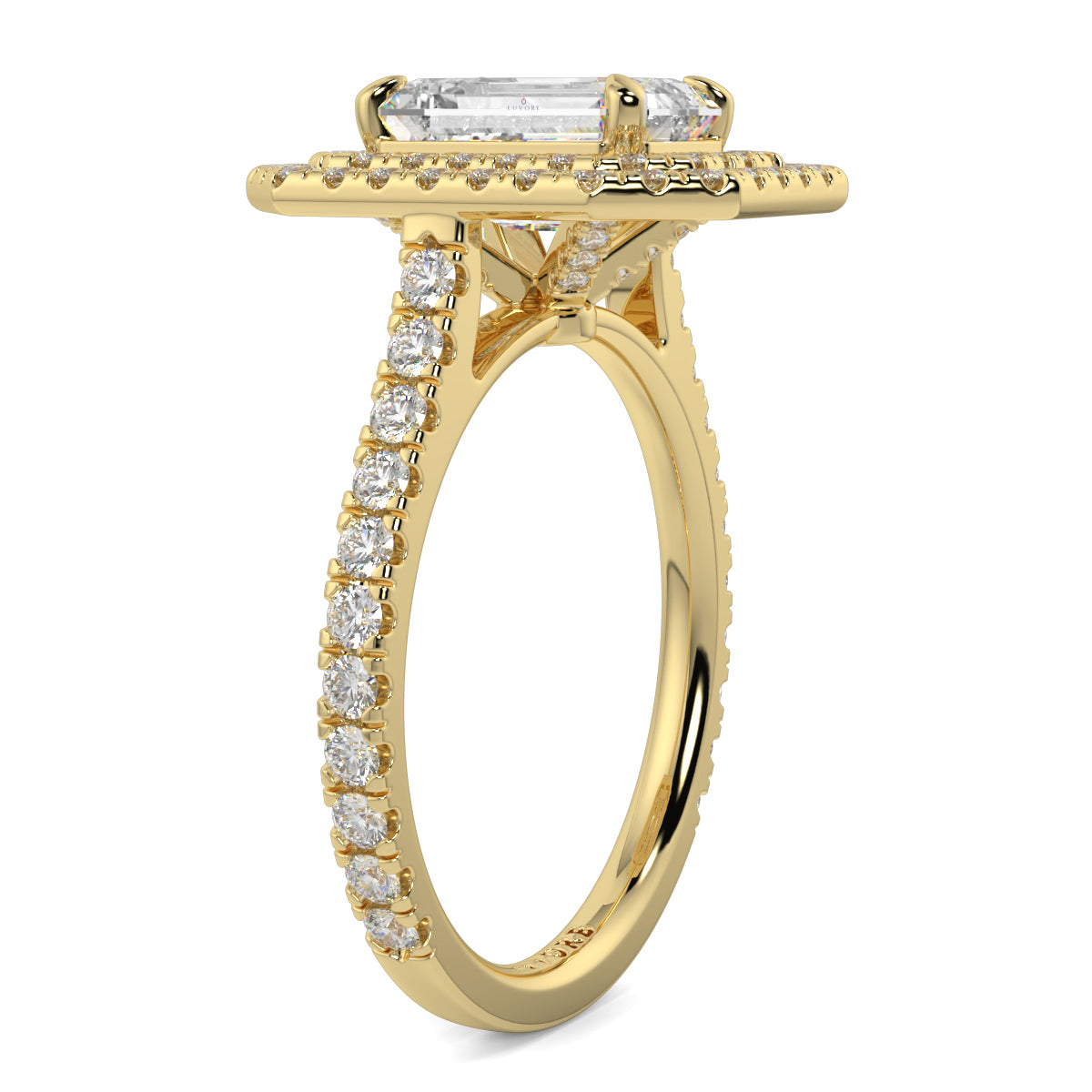 Gold ring with a large diamond and smaller diamonds on the band against a white background yb jewellers best selling ring designs emerald diamond double halo