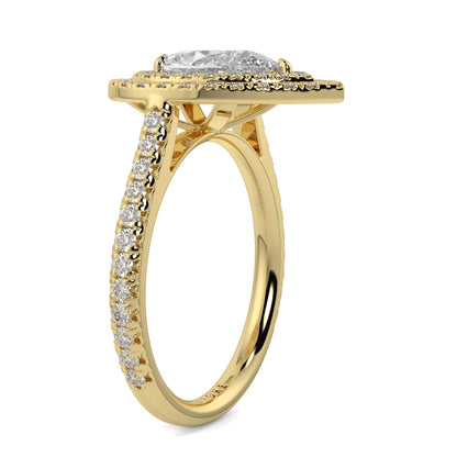 Gold ring with a diamond on a white background yb jewellers pear double halo ring best seller trending design