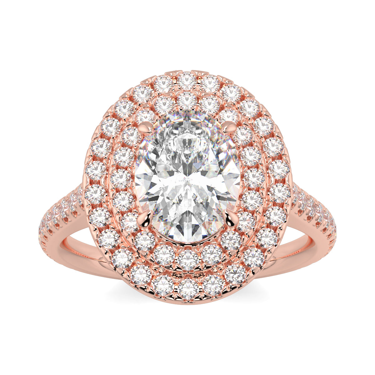 Rose gold ring with a large diamond and smaller diamonds on a white  yb jewellers oval diamond engagement ring best seller trending design background