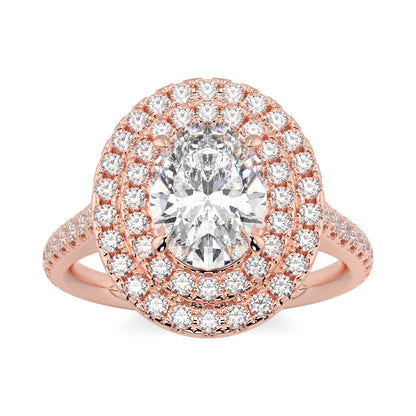 Rose gold ring with a large diamond and smaller diamonds on a white  yb jewellers oval diamond engagement ring best seller trending design background