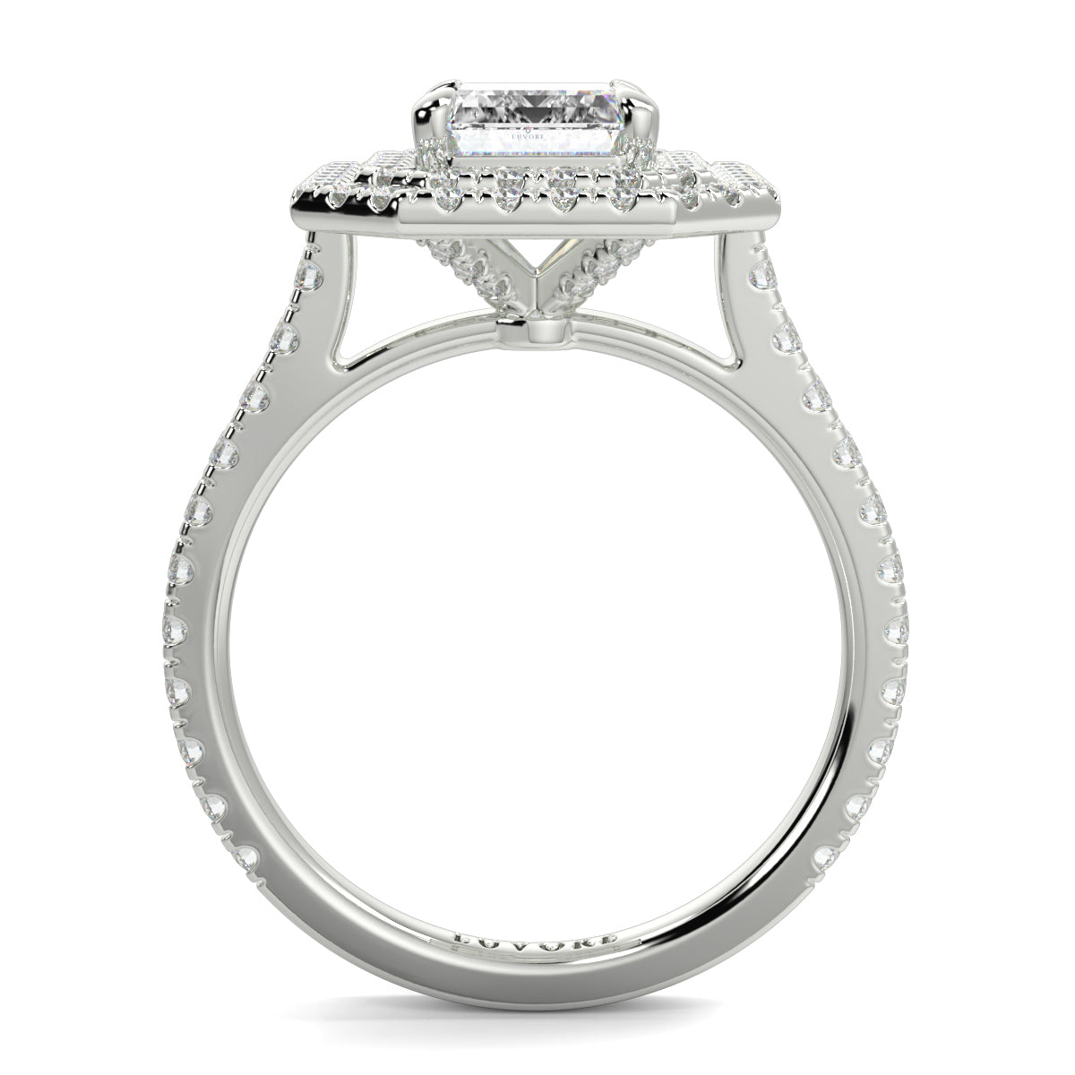 Diamond ring with a white gold band on a white background yb jewellers best selling ring designs emerald diamond double halo