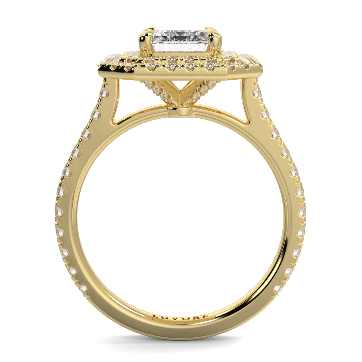 Gold ring with diamond accents on a white background yb jewellers best selling ring designs emerald diamond double halo