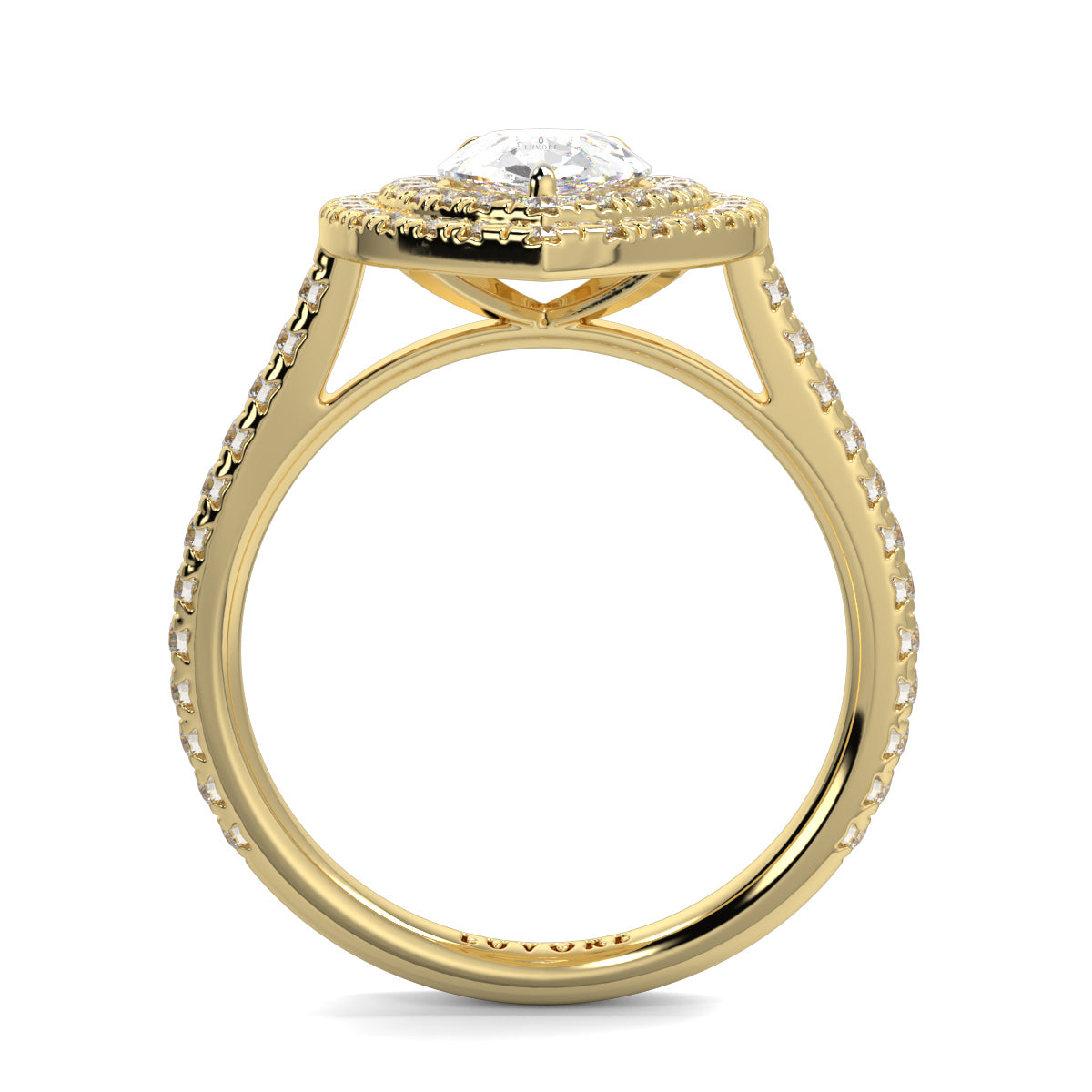 Gold ring with a diamond on a whit e background yb jewellers pear double halo ring best seller trending design