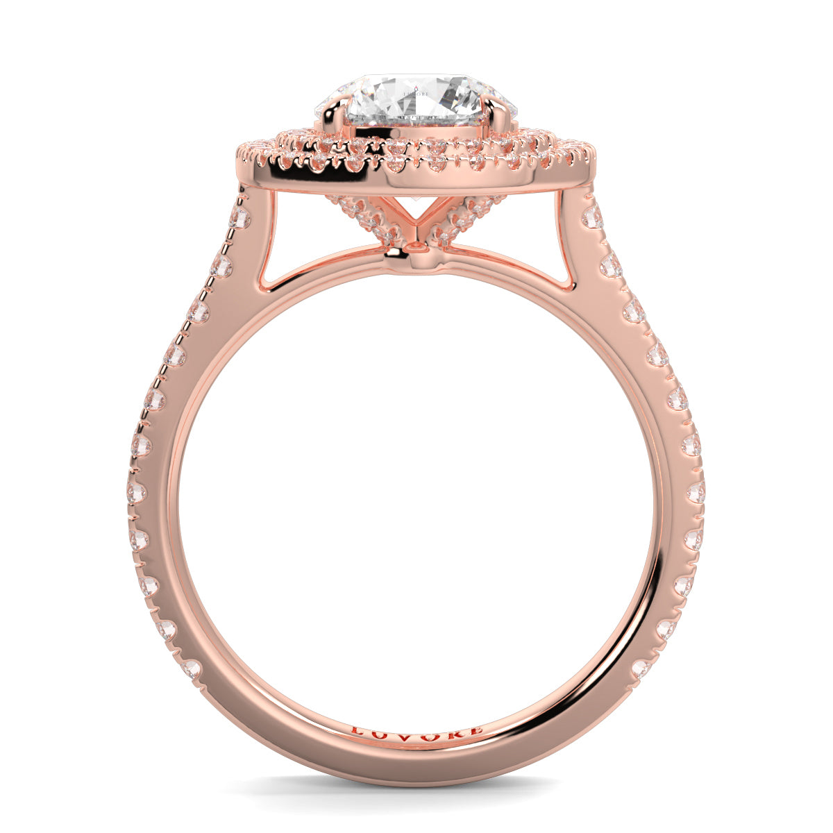 Rose gold ring with a diamond on a white background yb jewellers round double halo engagement ring best seller trending