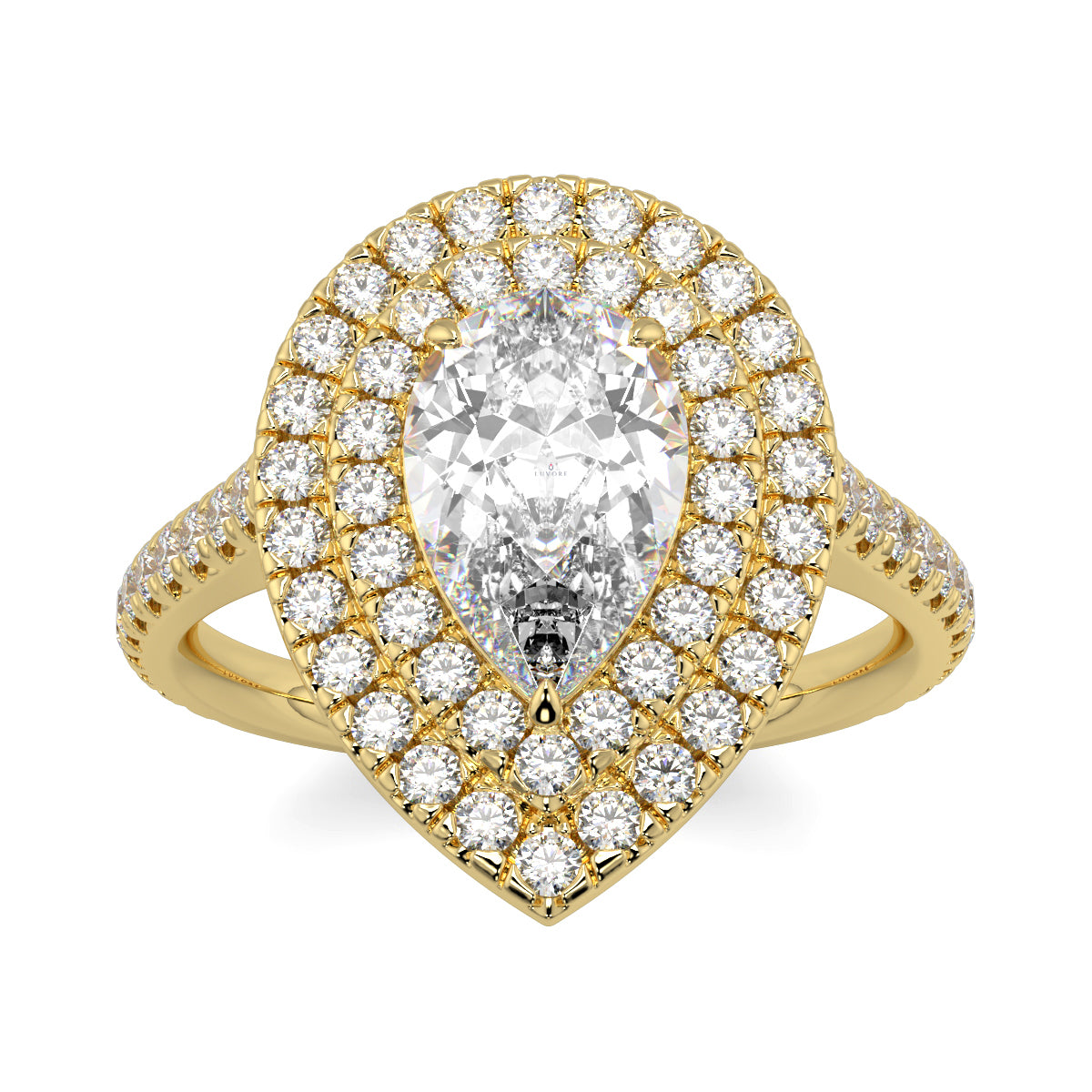 Gold ring with a pear-shaped diamond and smaller diamonds on a white  yb jewellers pear double halo ring best seller trending design background