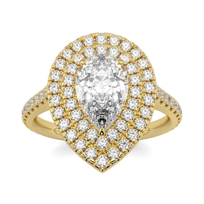 Gold ring with a pear-shaped diamond and smaller diamonds on a white  yb jewellers pear double halo ring best seller trending design background