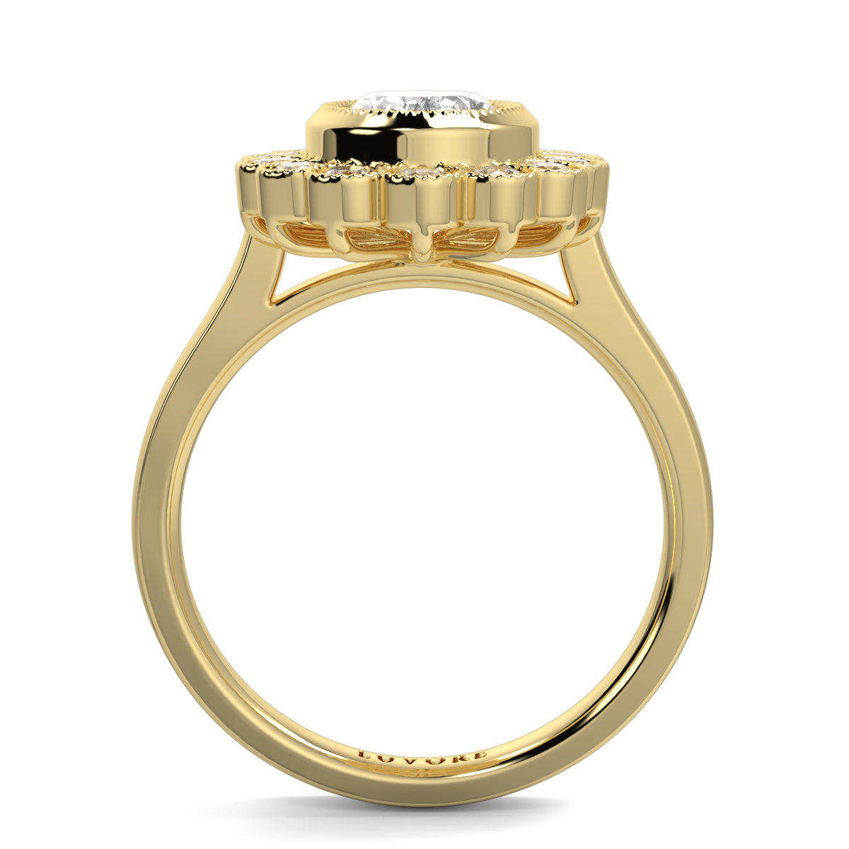Gold ring with a diamond on a white background yb jewellers cluster halo ring engagement ring grain set halo oval shape plain band