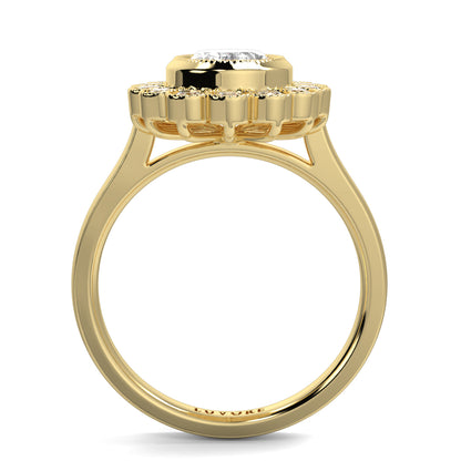 Gold ring with a diamond on a white background yb jewellers cluster halo ring engagement ring grain set halo oval shape plain band