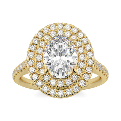 Gold ring with a large central diamond and smaller diamonds around on a white background yb jewellers oval diamond engagement ring best seller trending design