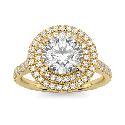 Gold ring with a large central diamond and smaller diamonds around on a white background yb jewellers round double halo engagement ring best seller trending