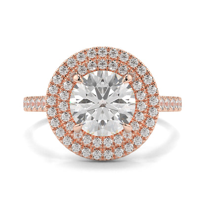 Rose gold ring with a large diamond and smaller diamonds on a white background yb jewellers round double halo engagement ring best seller trending