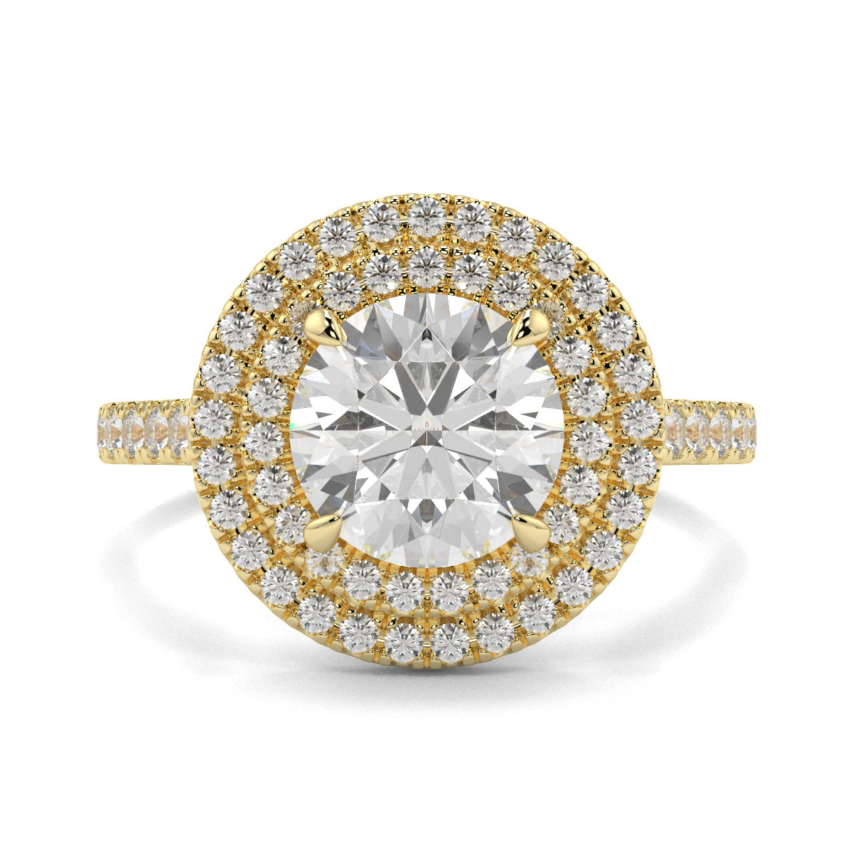 Gold ring with a large diamond and smaller diamonds around on a white background yb jewellers round double halo engagement ring best seller trending