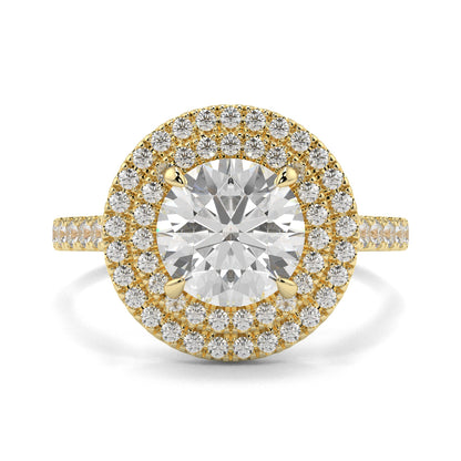 Gold ring with a large diamond and smaller diamonds around on a white background yb jewellers round double halo engagement ring best seller trending