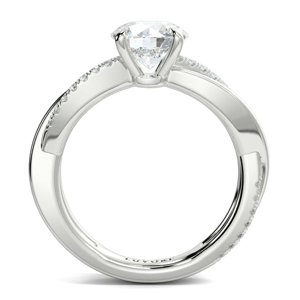 Diamond ring with a clear gemstone on a white background YB jewellers engagement ring twist band 