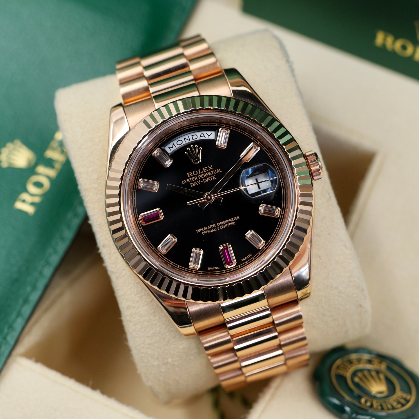 Rolex Day-Date II Ruby Dial 218235 - Full Set (2015)
