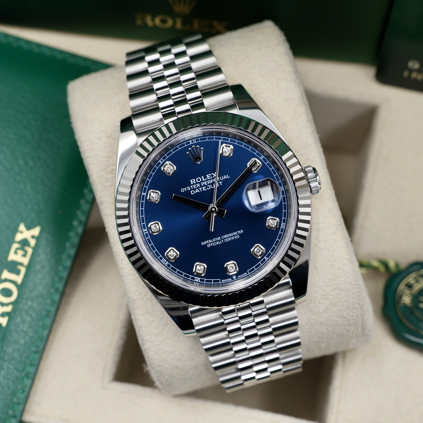 Rolex Datejust 41 Blue Diamond Dial Fluted Jubilee 126334 - Full Set (2023)