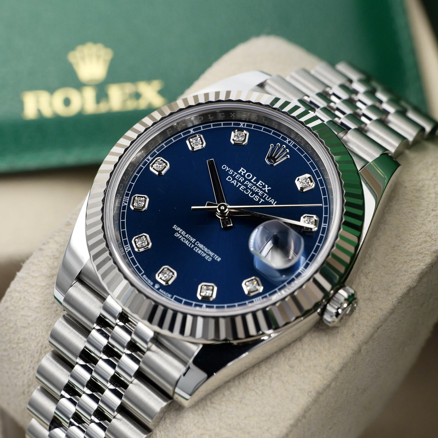 Rolex Datejust 41 Blue Diamond Dial Fluted Jubilee 126334 - Full Set (2023)