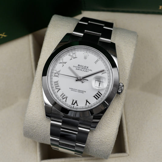 Rolex Datejust 41 White Roman Numeral Dial Smooth Bezel 126300 - Full Set (2024)